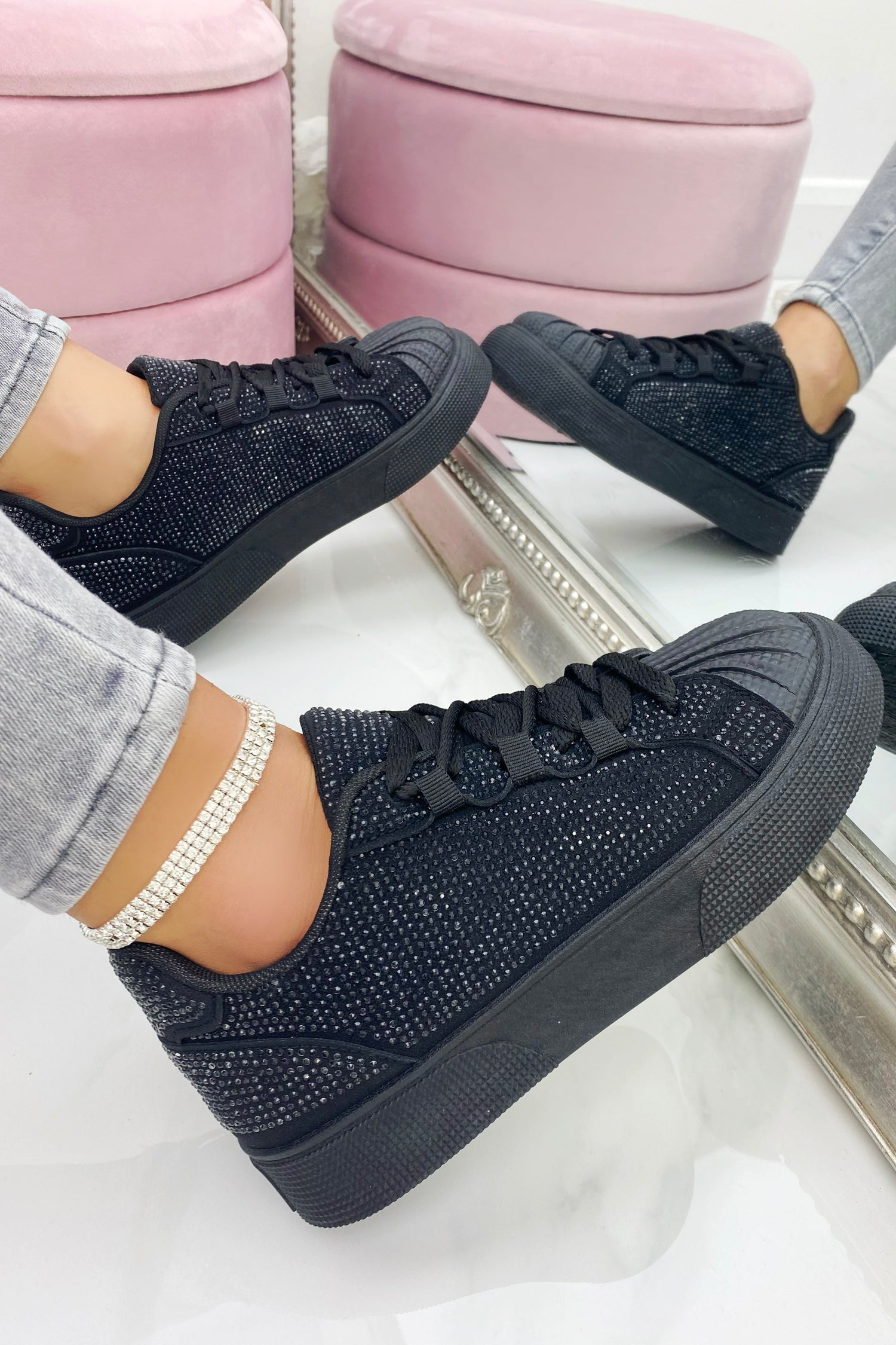 Sparkly Crystal Eternal Trainers Black, bringing attention to crystal Embellishment