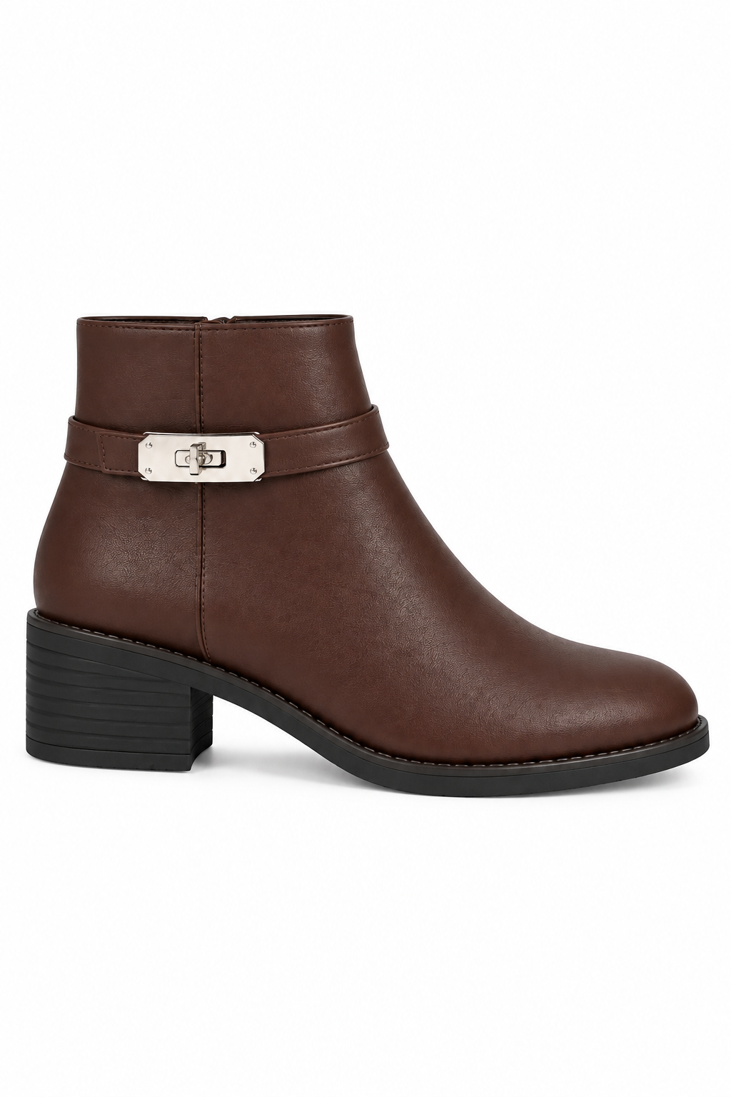 Mayfair Luxe Iconic Buckle Low Heel Zip Up Faux Leather Ankle Boots Brown