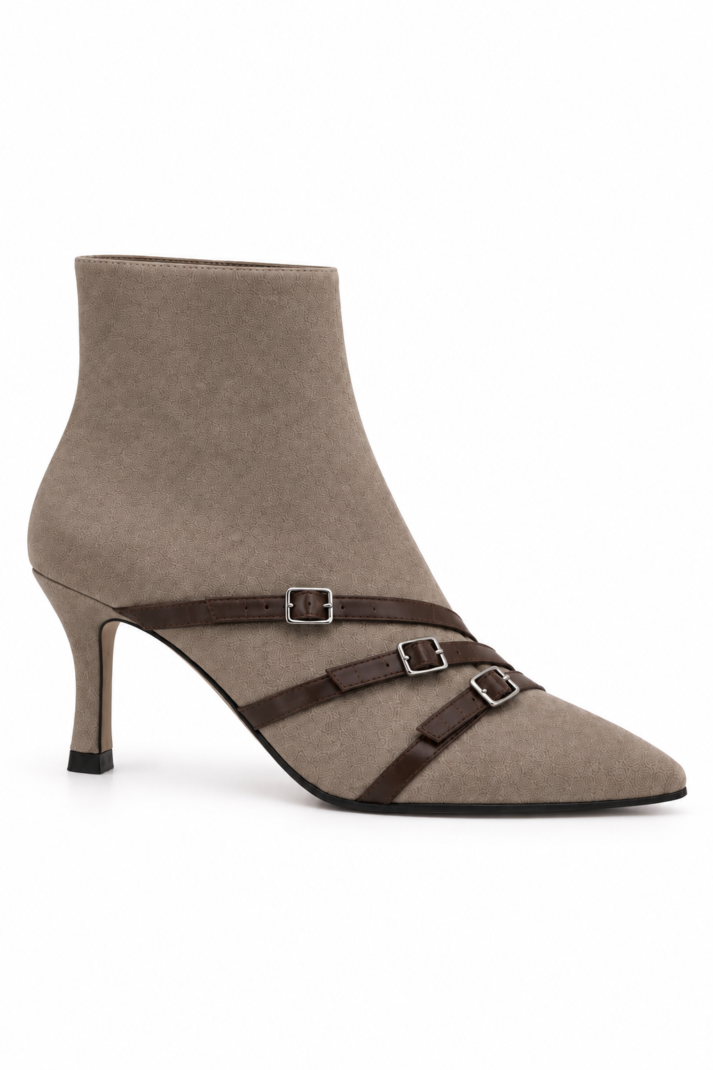 Elara Faux Suede Triple Buckle Zip Up Kitten Heel Ankle Boots Mink