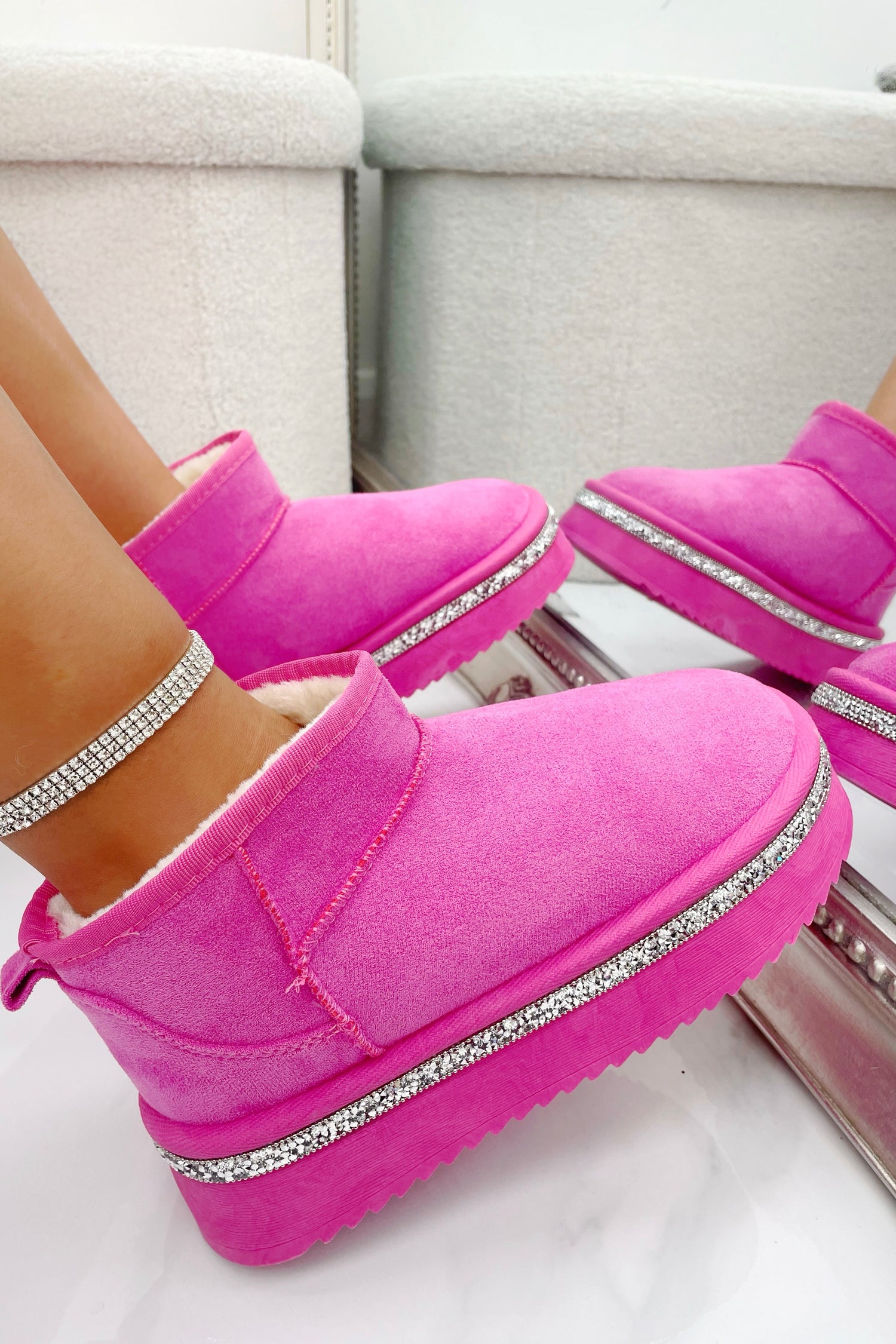Sparkly Trim Platform Ultra Mini Snugg Boots Hot Pink