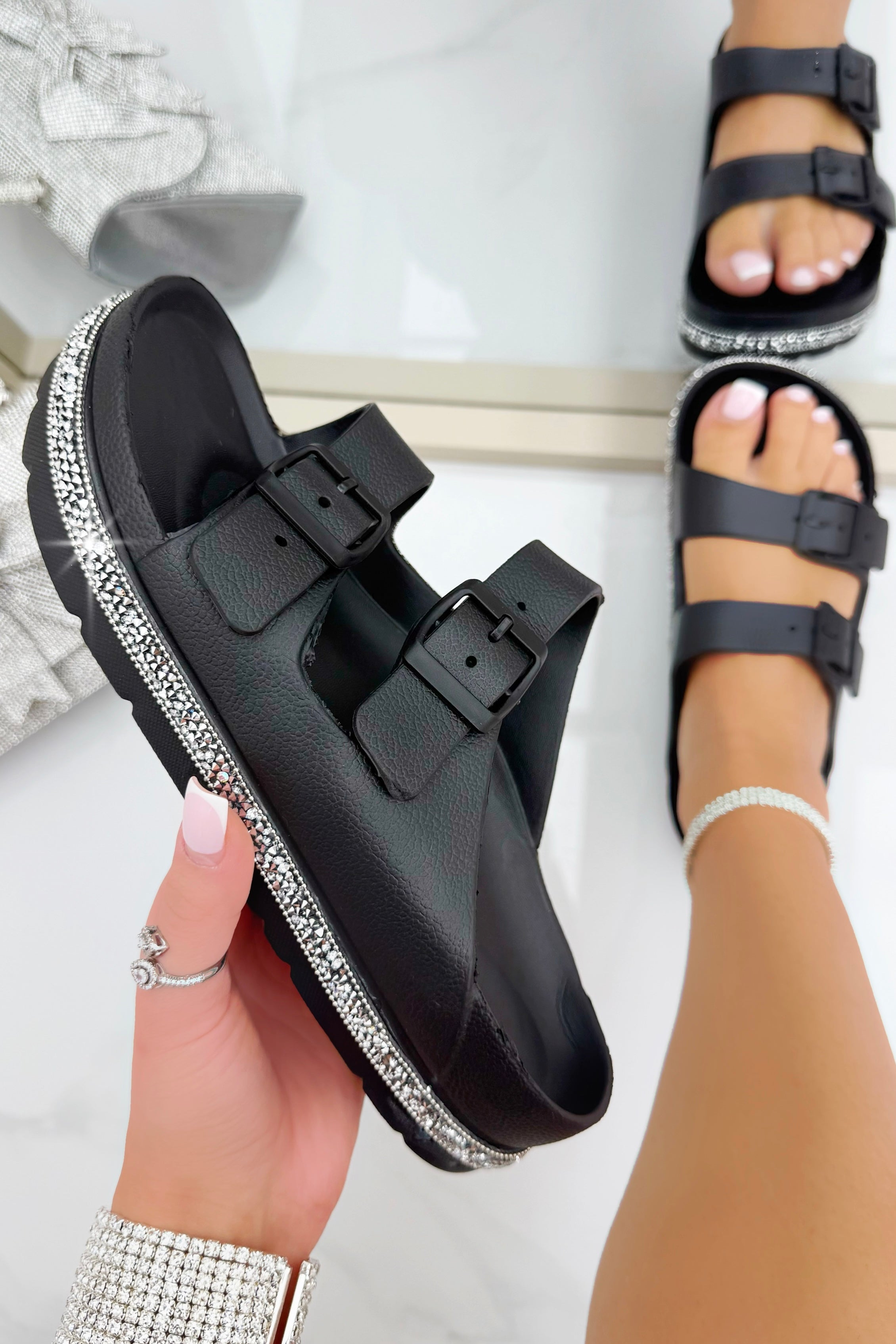 Crystal Trim Lightweight Double Strap Sliders Black