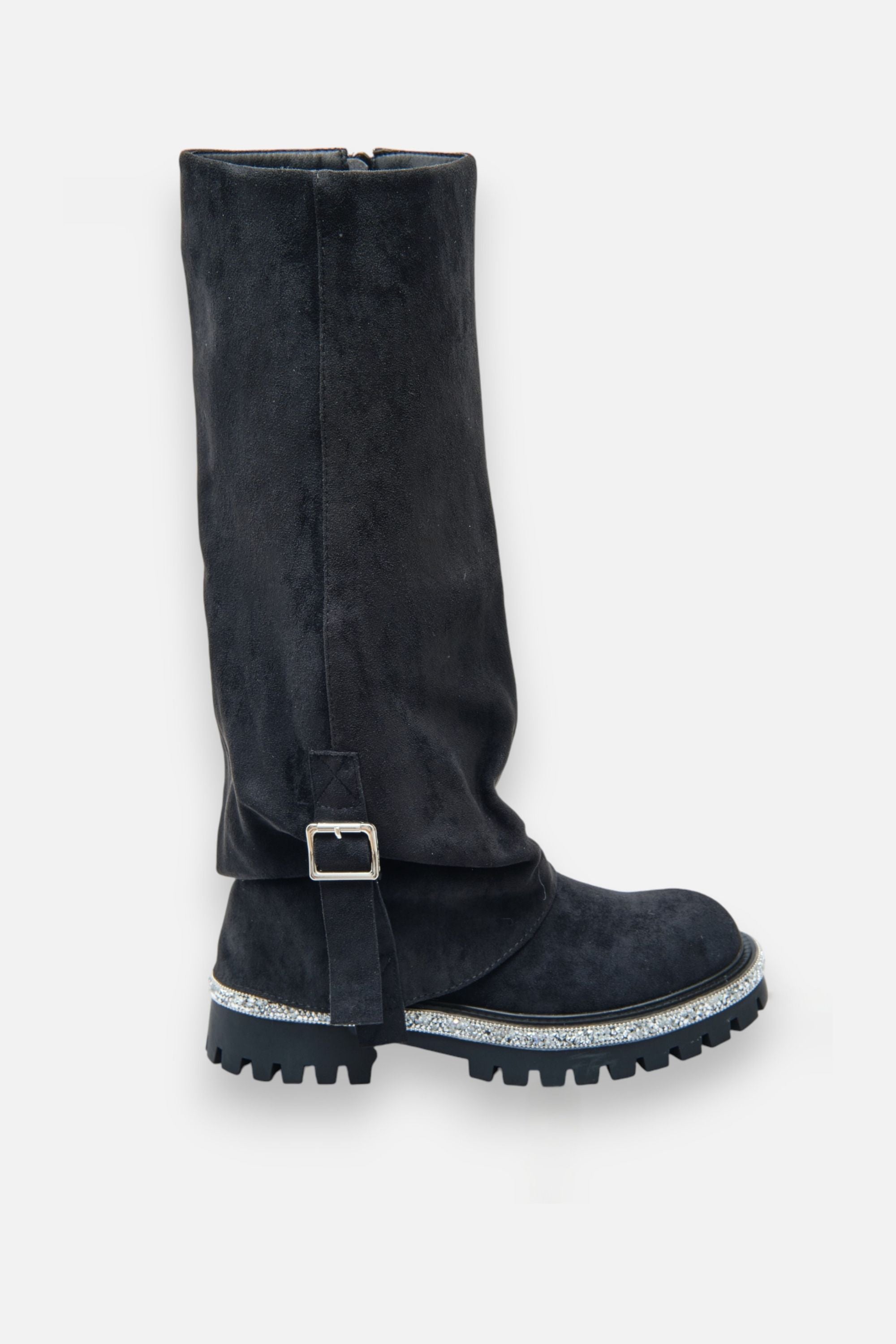 Crystal Trim Wild Obsession Knee High Boots Black, showcasing smooth synthetic interior for comfort