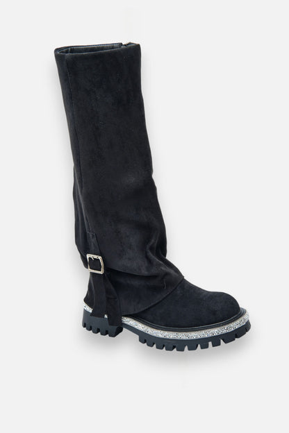 Crystal Trim Wild Obsession Knee High Boots Black, showing side zipper + wrap-around buckle strap