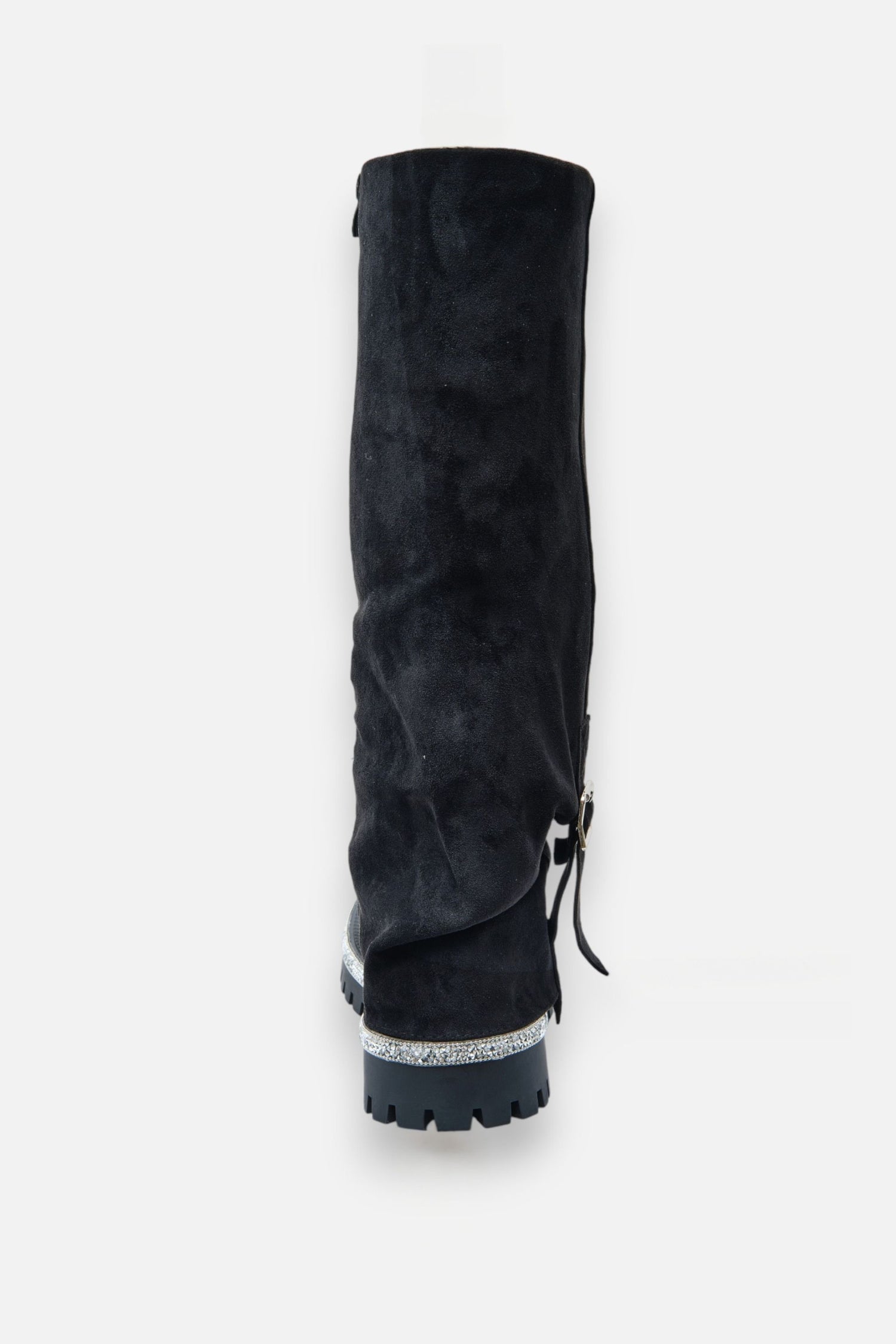 Crystal Trim Wild Obsession Knee High Boots Black, featuring chunky lug sole with crystal trim