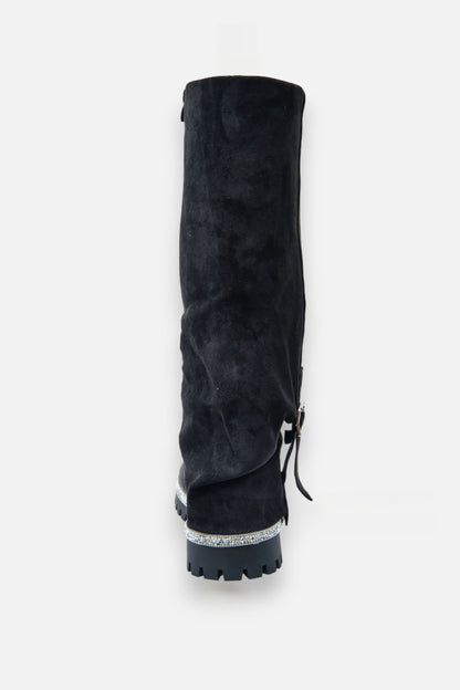 Crystal Trim Wild Obsession Knee High Boots Black, featuring chunky lug sole with crystal trim