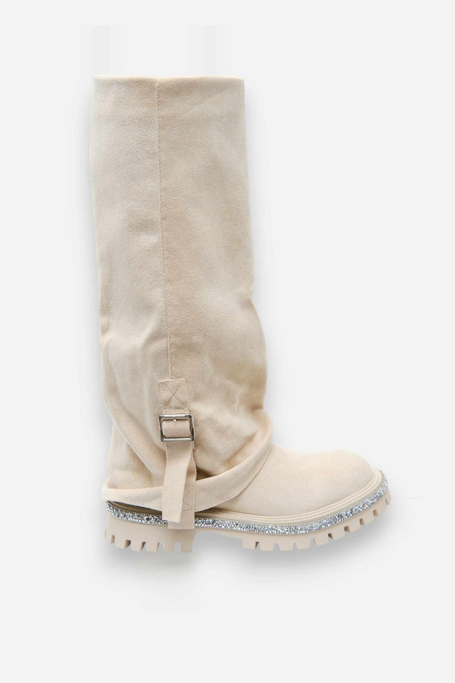 Crystal Trim Wild Obsession Knee High Boots Nude, highlighting smooth synthetic interior for comfort