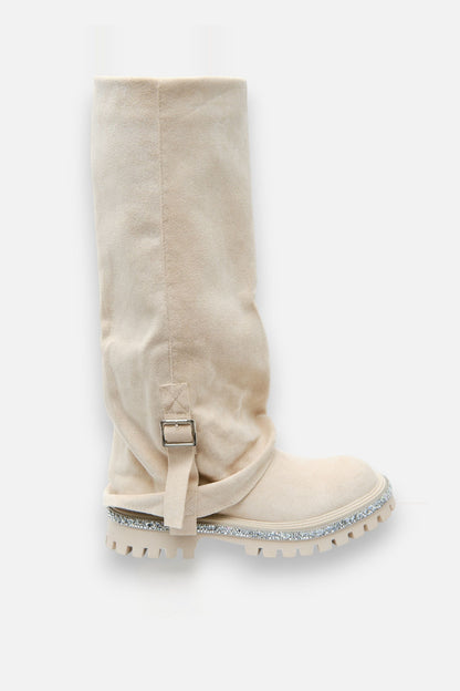 Crystal Trim Wild Obsession Knee High Boots Nude, highlighting smooth synthetic interior for comfort