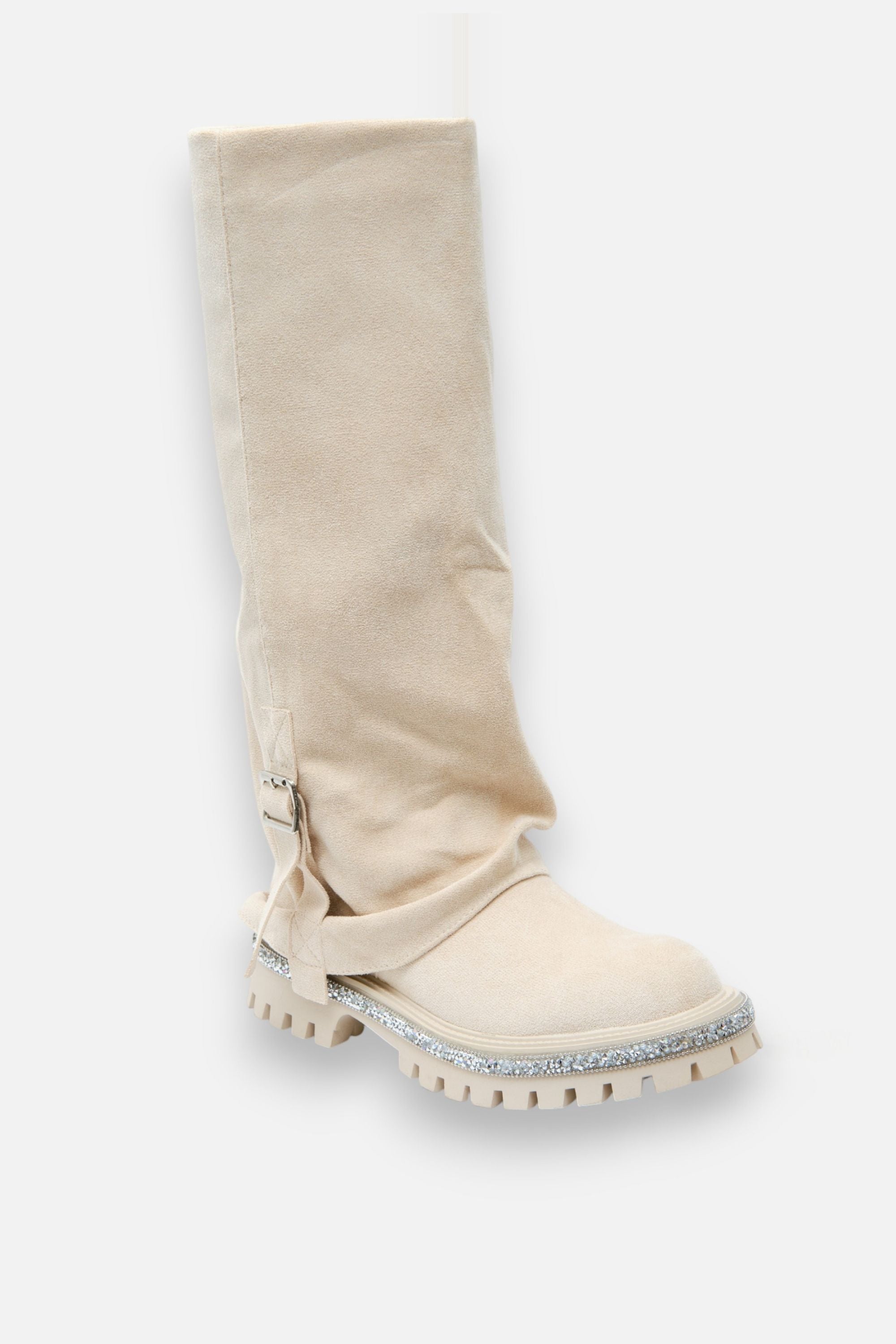 Crystal Trim Wild Obsession Knee High Boots Nude, focused on side zipper + wrap-around buckle strap