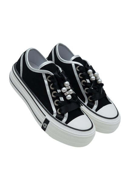 Crystal Lover Lace Up Platform Trainers Black, featuring ribbon Lace