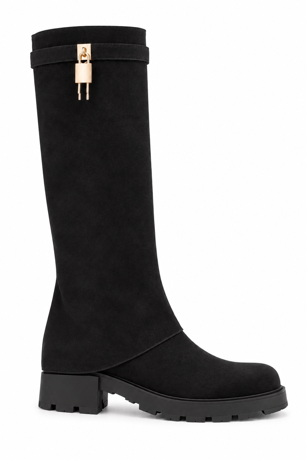Portia Luxe Gold Padlock Faux Suede Chunky Foldover Zip Up Knee High Boots Black