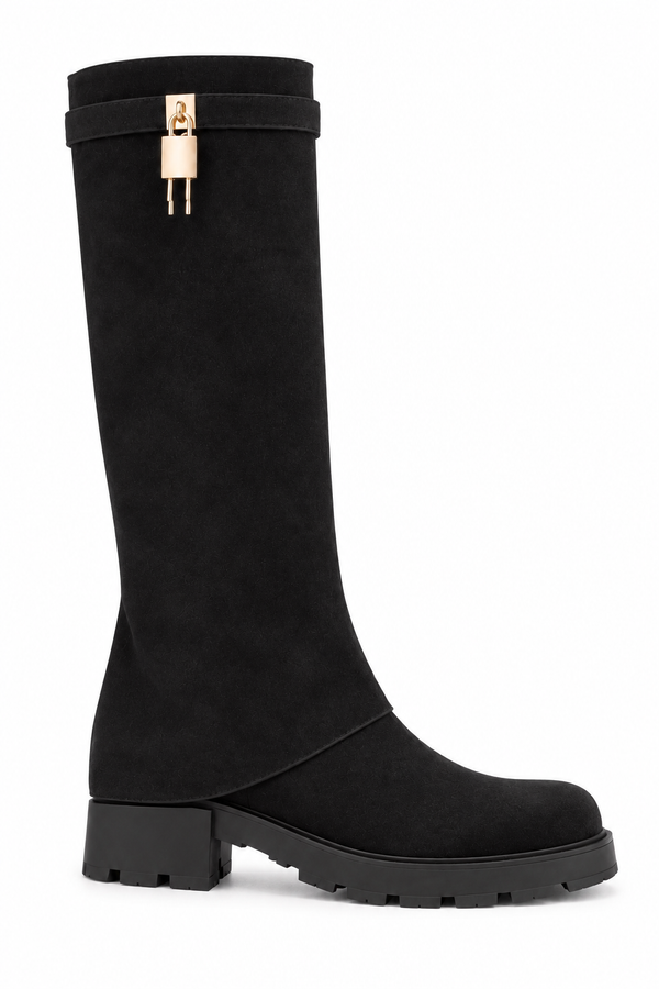Portia Luxe Gold Padlock Faux Suede Chunky Foldover Zip Up Knee High Boots Black