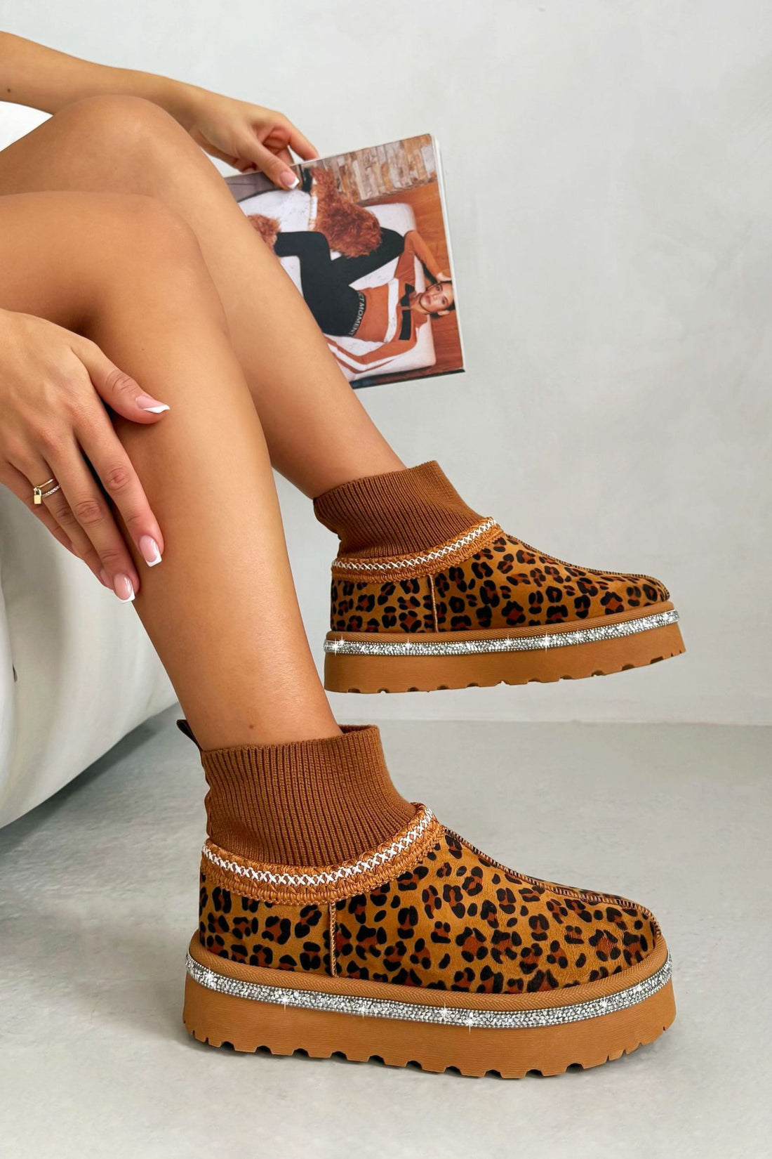 Sparkly Stretch Sock Warmer Mini Snugg Slipper Boots Leopard designed with giftable, trendy finish