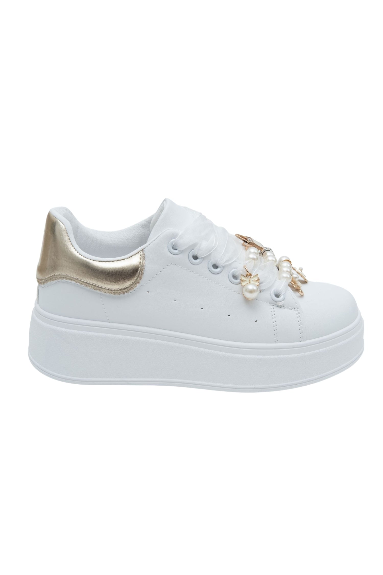 Sparkly Pearl Charm Trainers Gold, featuring chunky rubber sole for all-day comfort