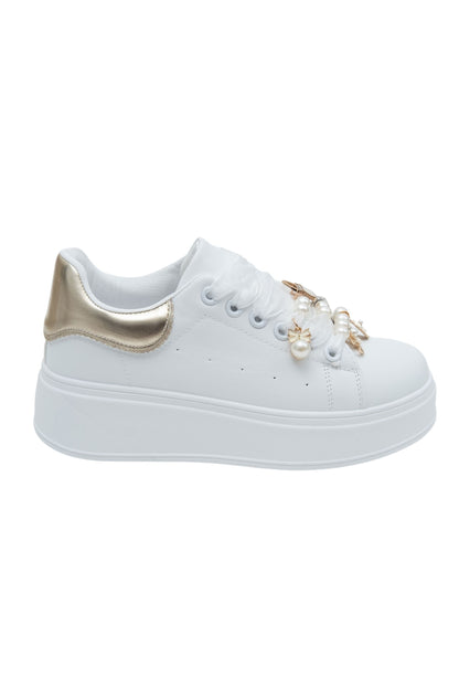 Sparkly Pearl Charm Trainers Gold, featuring chunky rubber sole for all-day comfort