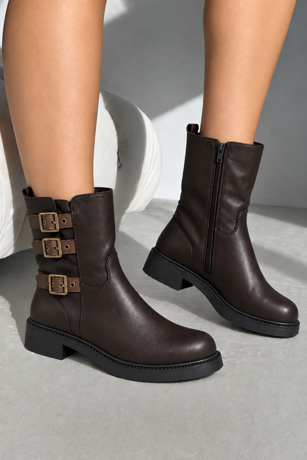 Harley Luxe Triple Buckle Slouch Faux Leather Biker Zip Up Ankle Boots Chocolate Brown