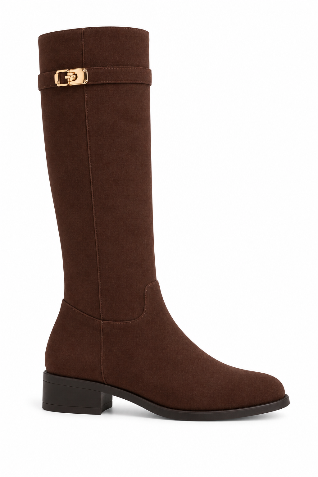 Mayfair Luxe Iconic Buckle Faux Suede Knee High Zip Up Buckle Boots Brown