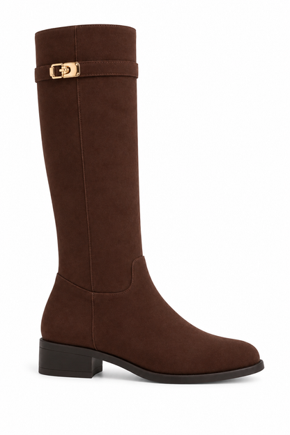 Mayfair Luxe Iconic Buckle Faux Suede Knee High Zip Up Buckle Boots Brown