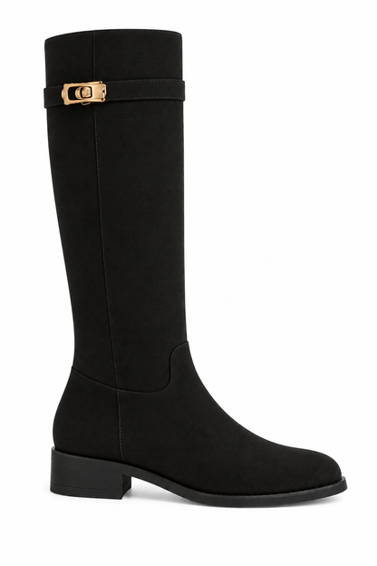 Mayfair Luxe Iconic Buckle Faux Suede Knee High Zip Up Buckle Boots Black