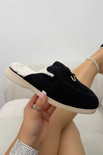 Velvet Crush Faux Fur Lined Slip-On Clog Mules Black, bringing attention to velvet-effect outer with a soft, luxe feel