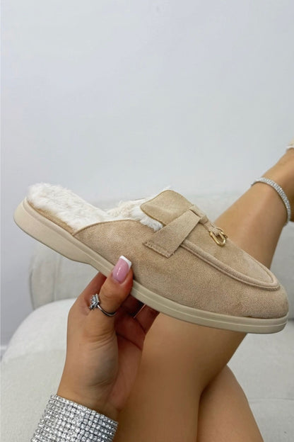 Velvet Crush Faux Fur Lined Slip-On Clog Mules Nude, highlighting velvet-effect outer with a soft, luxe feel