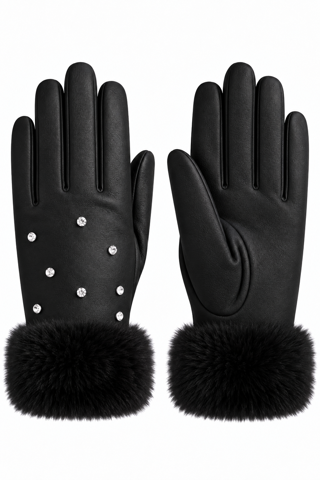 A pair of black leather gloves with black faux fur cuffs, decorated with small silver rhinestones on one glove, shown against a plain white background.