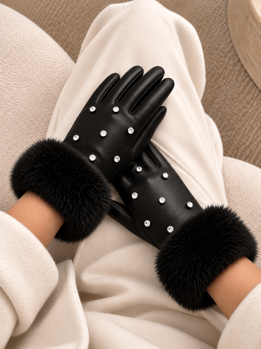 Black leather gloves with faux fur cuffs and rhinestone accents, worn on hands resting on cream-colored clothing.
