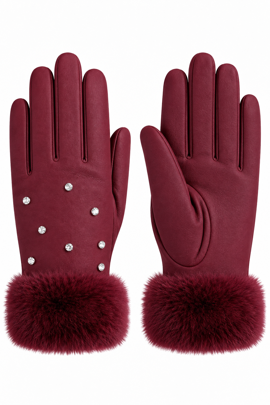 A pair of burgundy leather gloves with a plush faux fur cuff and silver rhinestone embellishments, shown against a plain white background.