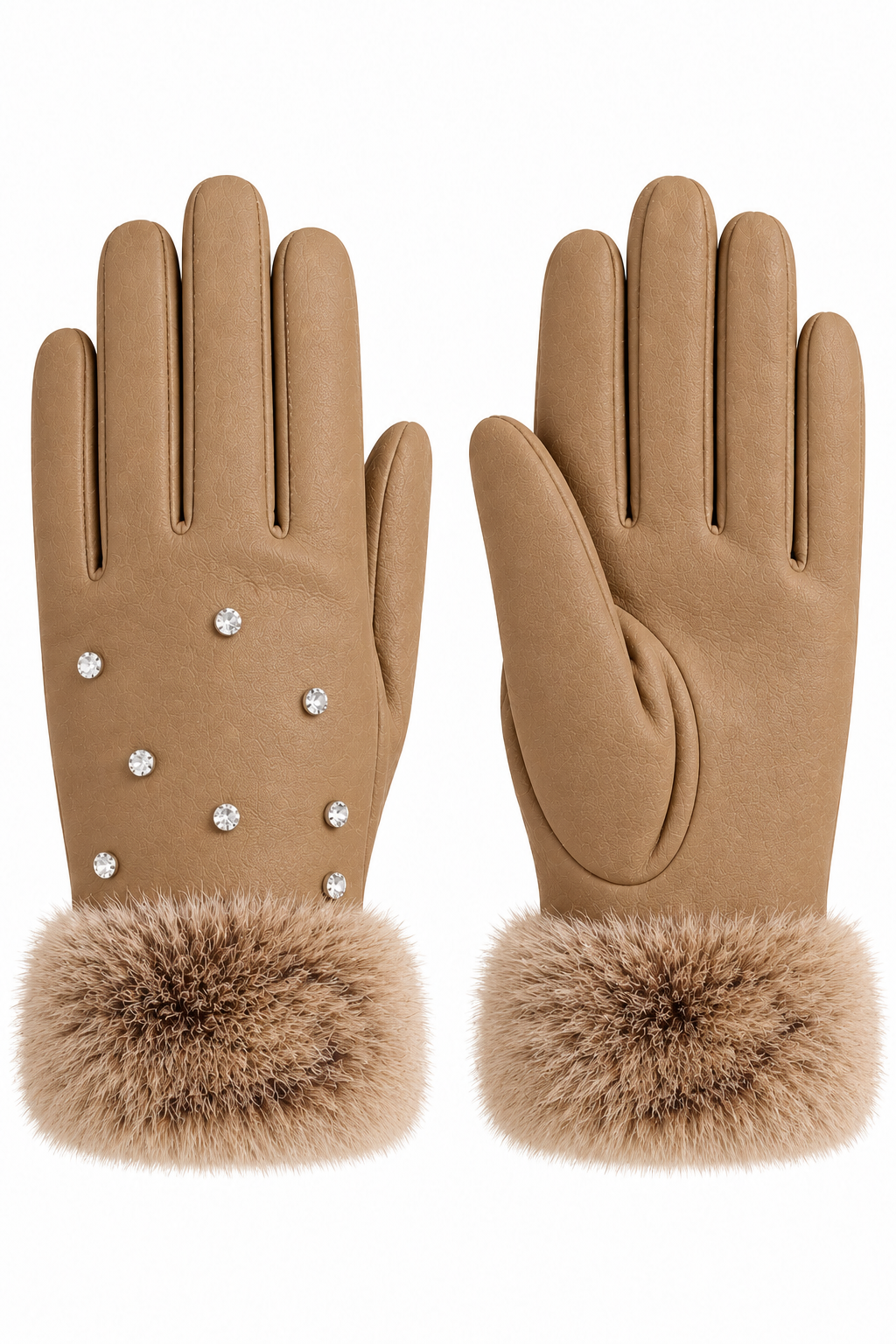 Amelie Crystal Faux Fur Cuff Trim Faux Leather Winter Gloves Mocha