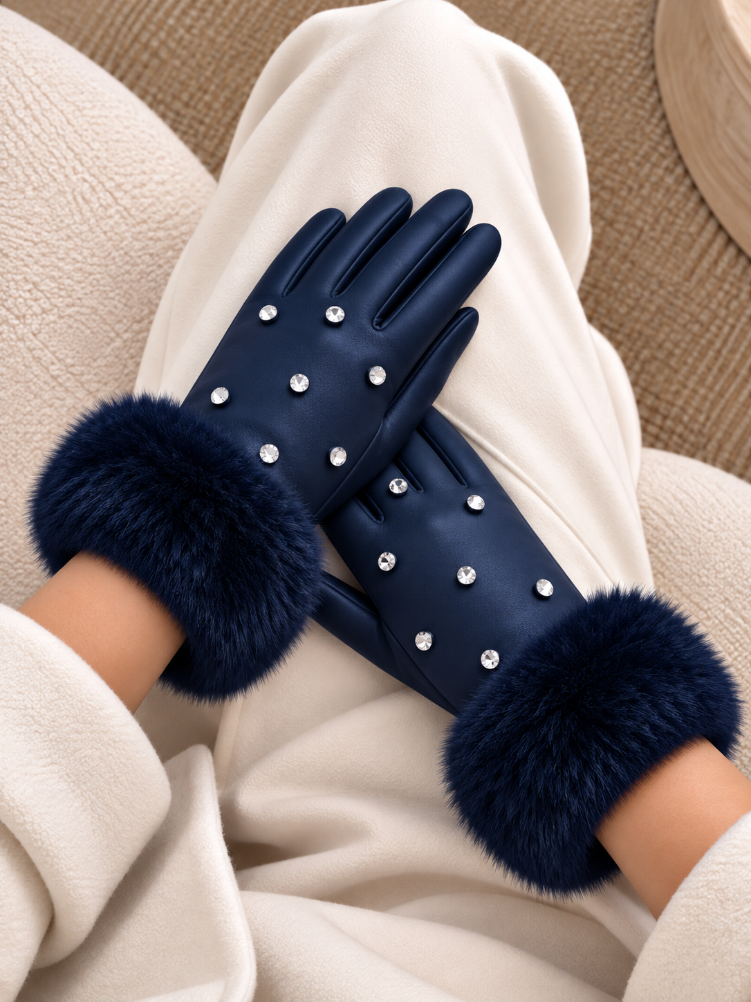 Amelie Crystal Faux Fur Cuff Trim Faux Leather Winter Gloves Navy