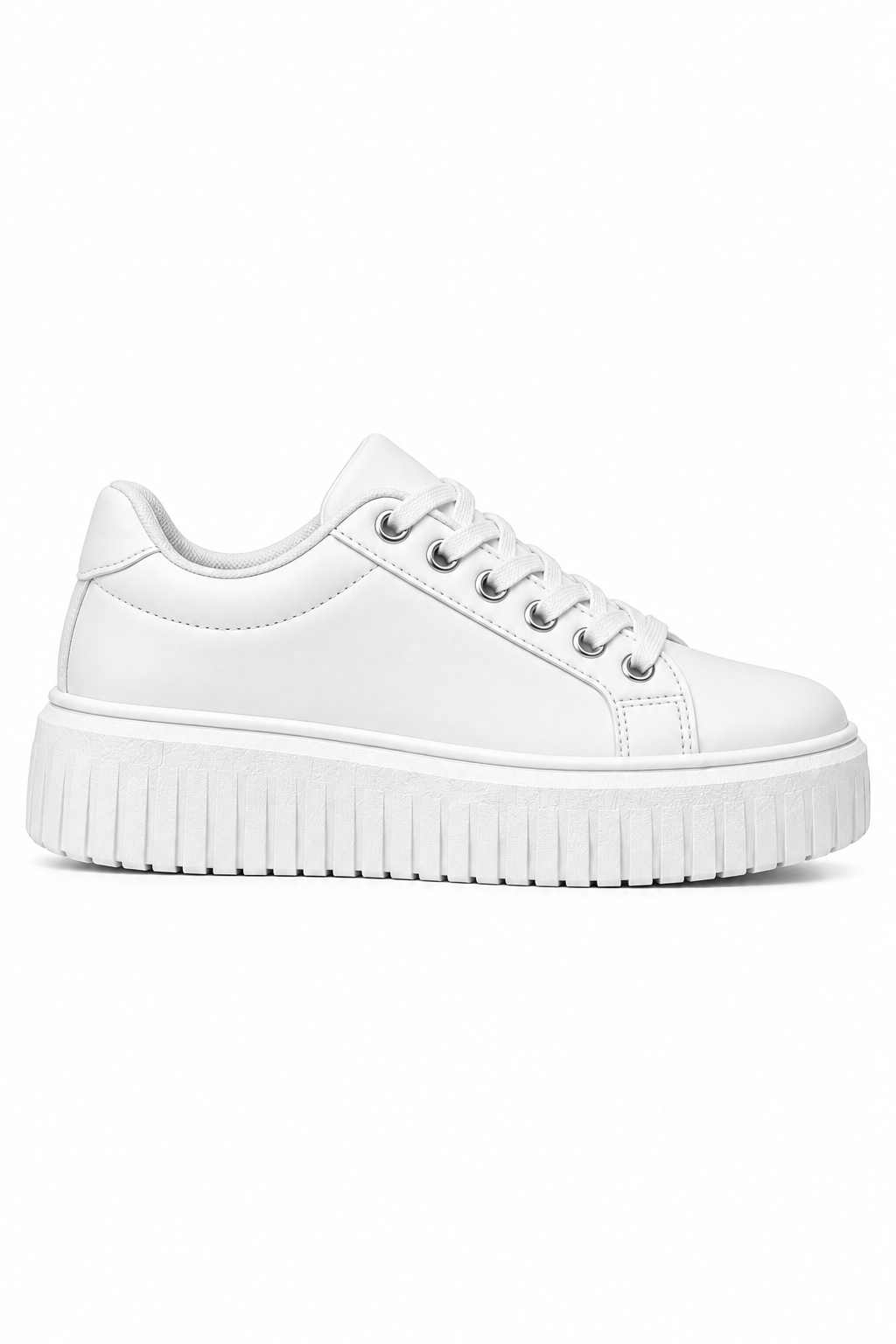 A white low-top platform sneaker with a chunky ribbed sole, white laces, and silver metal eyelets, shown from a side profile on a white background.