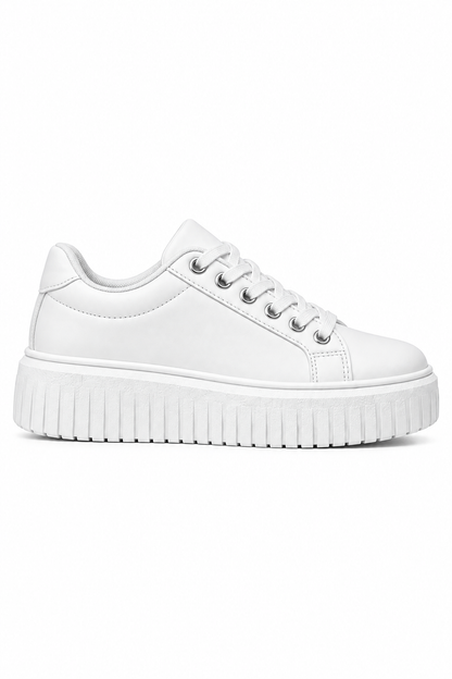 A white low-top platform sneaker with a chunky ribbed sole, white laces, and silver metal eyelets, shown from a side profile on a white background.