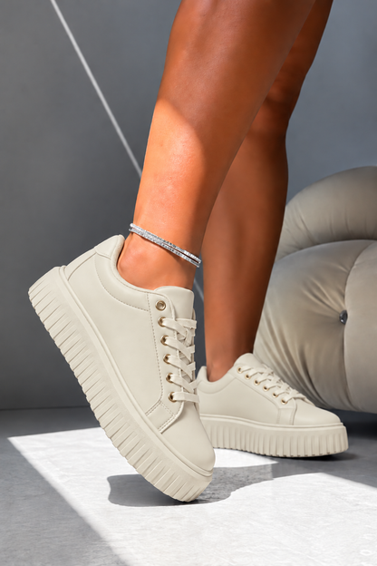 Aria Faux Leather Lace Up Chunky Platform Trainers Nude