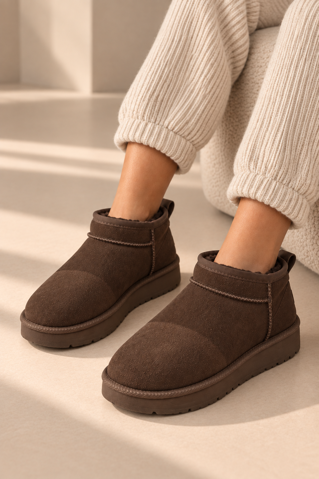 Aspen Comfort Faux Suede Fur Lined Snugg Micro Boots Brown