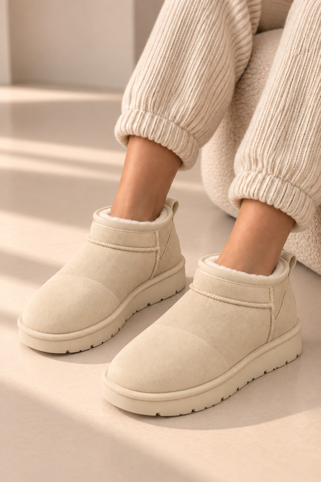 Aspen Comfort Faux Suede Fur Lined Snugg Micro Boots Cream