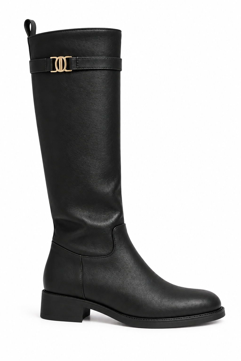 Elodie Luxe Buckle Trim Leather Look Zip Up Knee High Boots Black