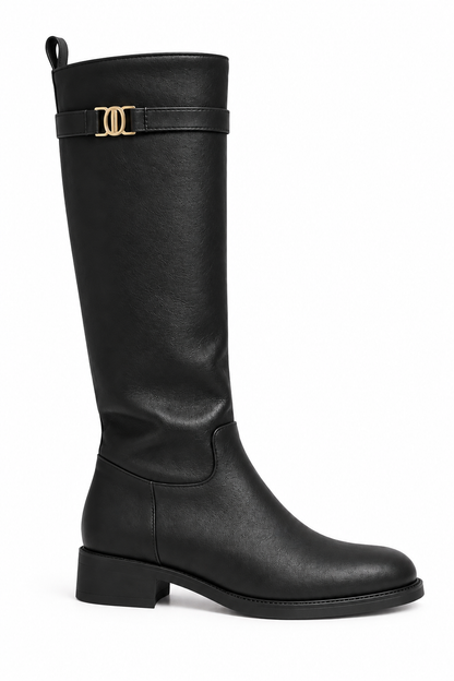 Elodie Luxe Buckle Trim Leather Look Zip Up Knee High Boots Black