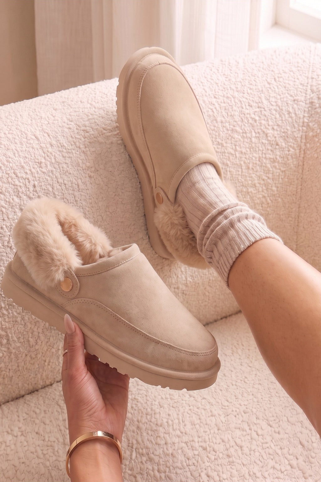 Sasha Faux Suede Fur Lined Mule Slippers Beige