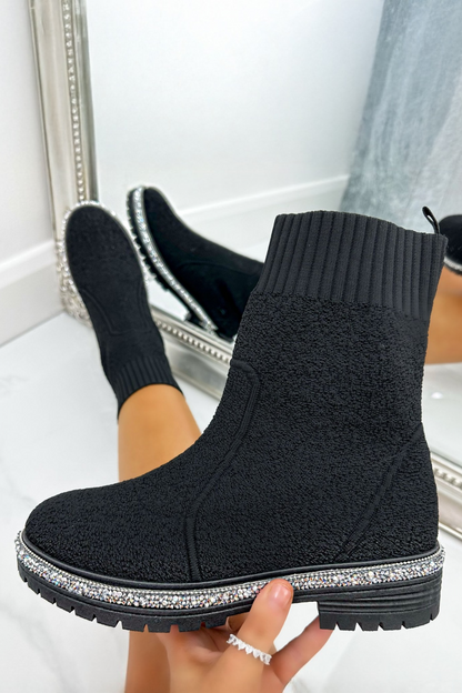 Sparkly Stretch Teddy Borg Sock Boots Black featuring teddy Fleece / Borg Material