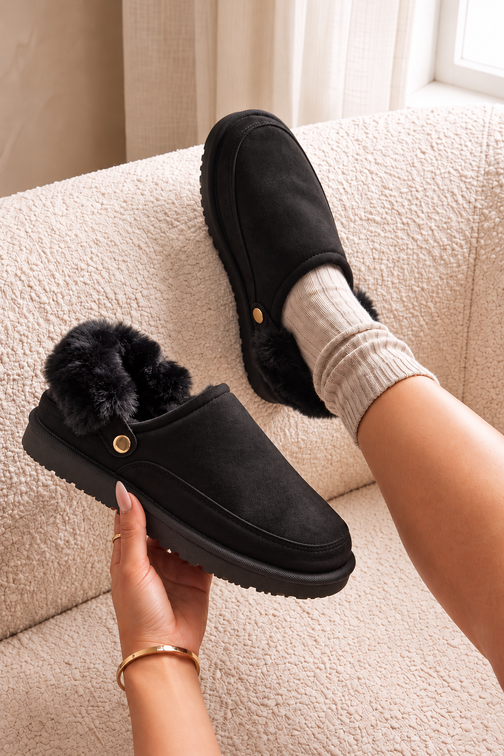 Sasha Faux Suede Fur Lined Mule Slippers Black