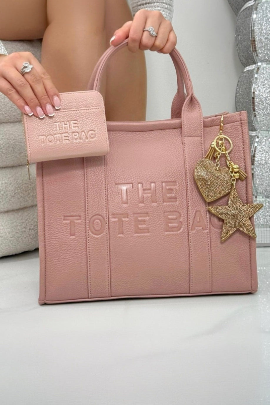 Faux Leather Large Tote Bag Pink &amp; Zip Up Tote Bag Purse Pink Bundle