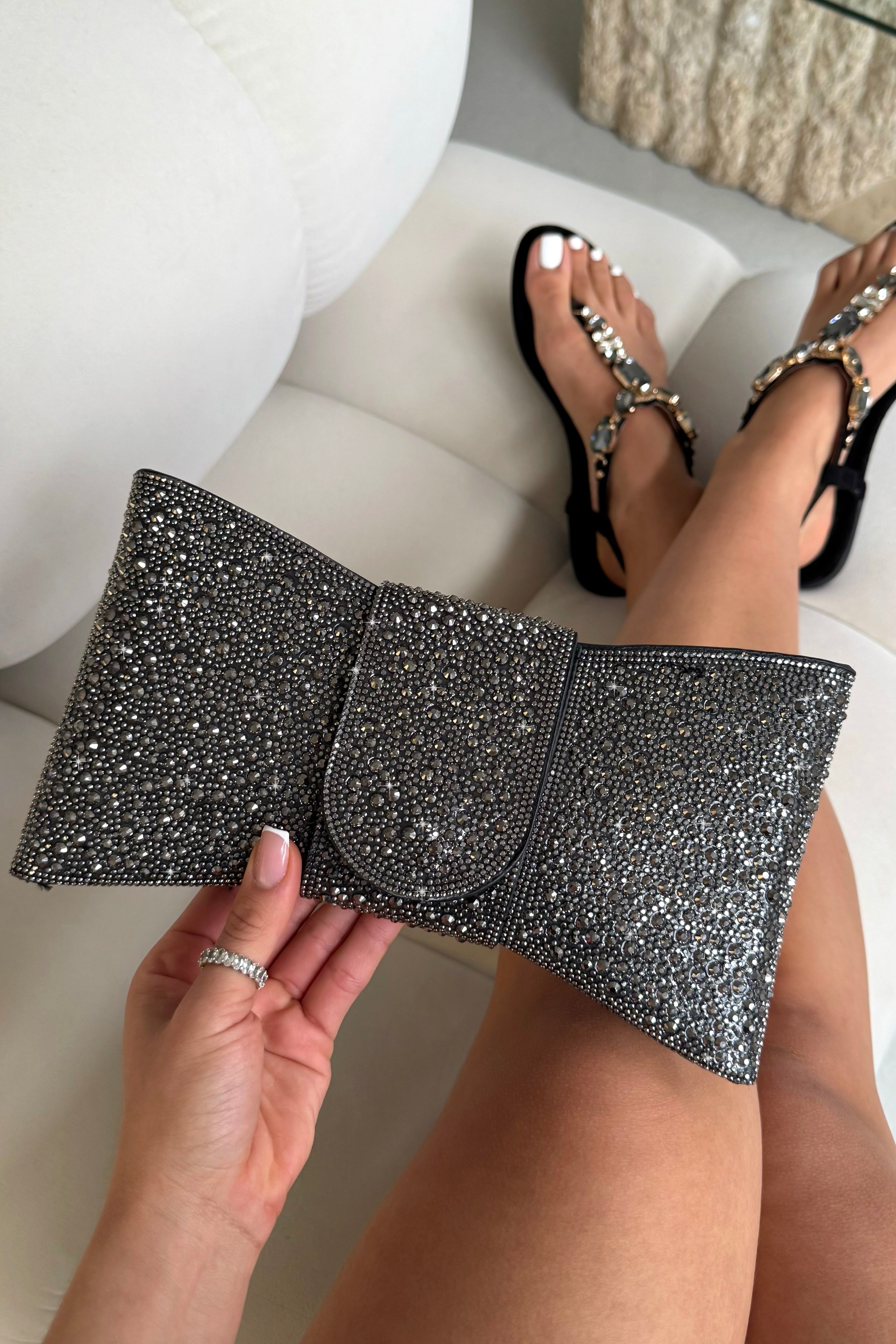 Crystal Luxe Bow Clutch Bag Black