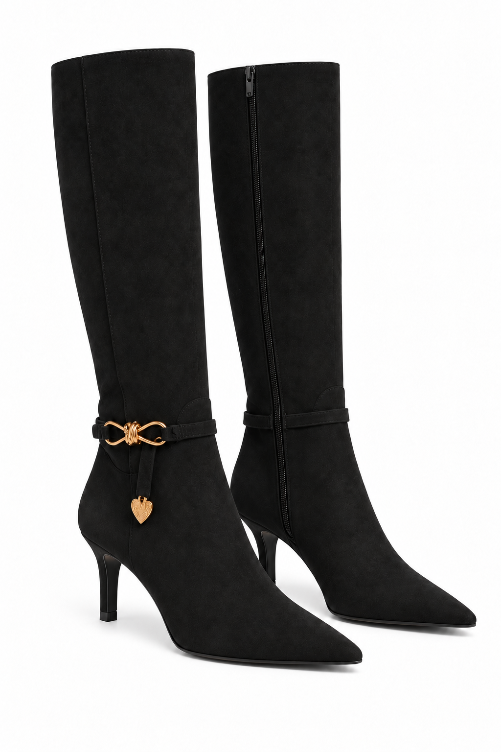 Beaumont Luxe Charm Pointed Toe Faux Suede Kitten Heel Knee High Boots Black