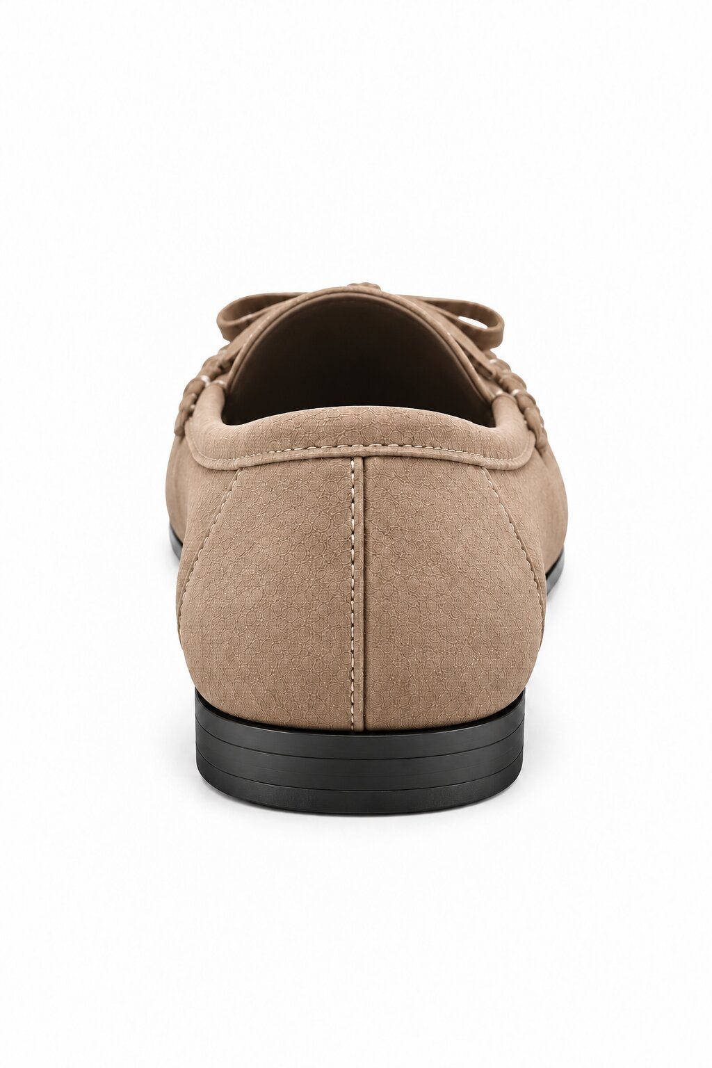 A single taupe suede boat shoe shown from a rear three-quarter view, featuring a black sole and matching taupe laces, set against a plain white background.