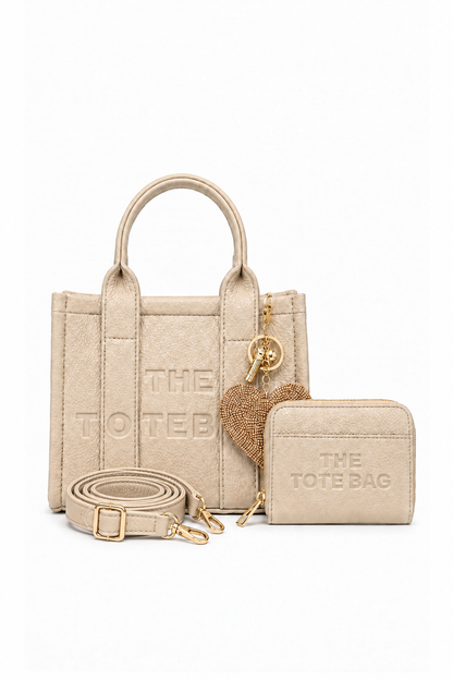 Faux Leather Mini Tote Bag Beige, Zip Up Tote Bag Purse Beige &amp; Padded Heart Keyring Gold Bundle