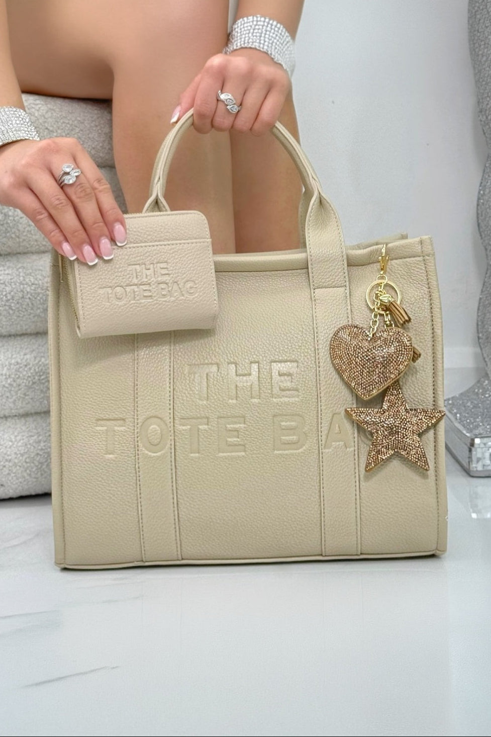 Faux Leather Large Tote Bag Beige &amp; Zip Up Tote Bag Purse Beige Bundle