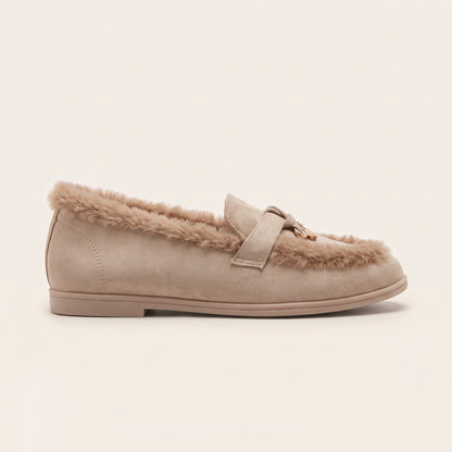 Mollie Faux Suede Fur Lined Flat Penny Detail Moccasin Loafers Nude