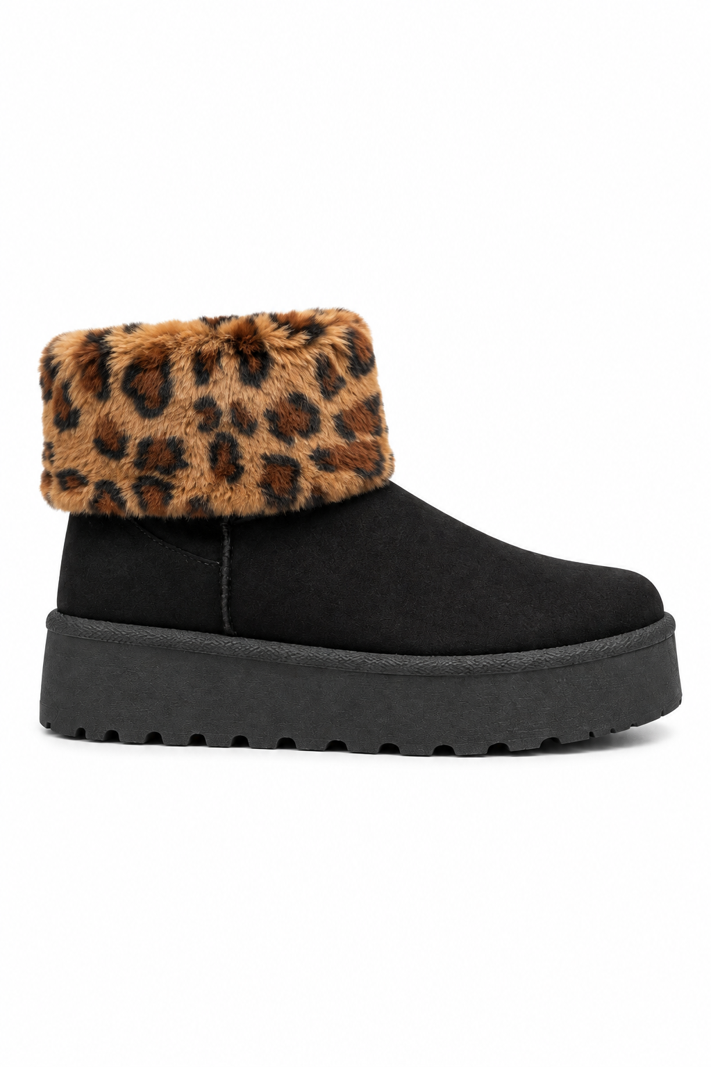A black platform ankle boot with a brown and black leopard print faux fur cuff, shown from a side profile on a white background.