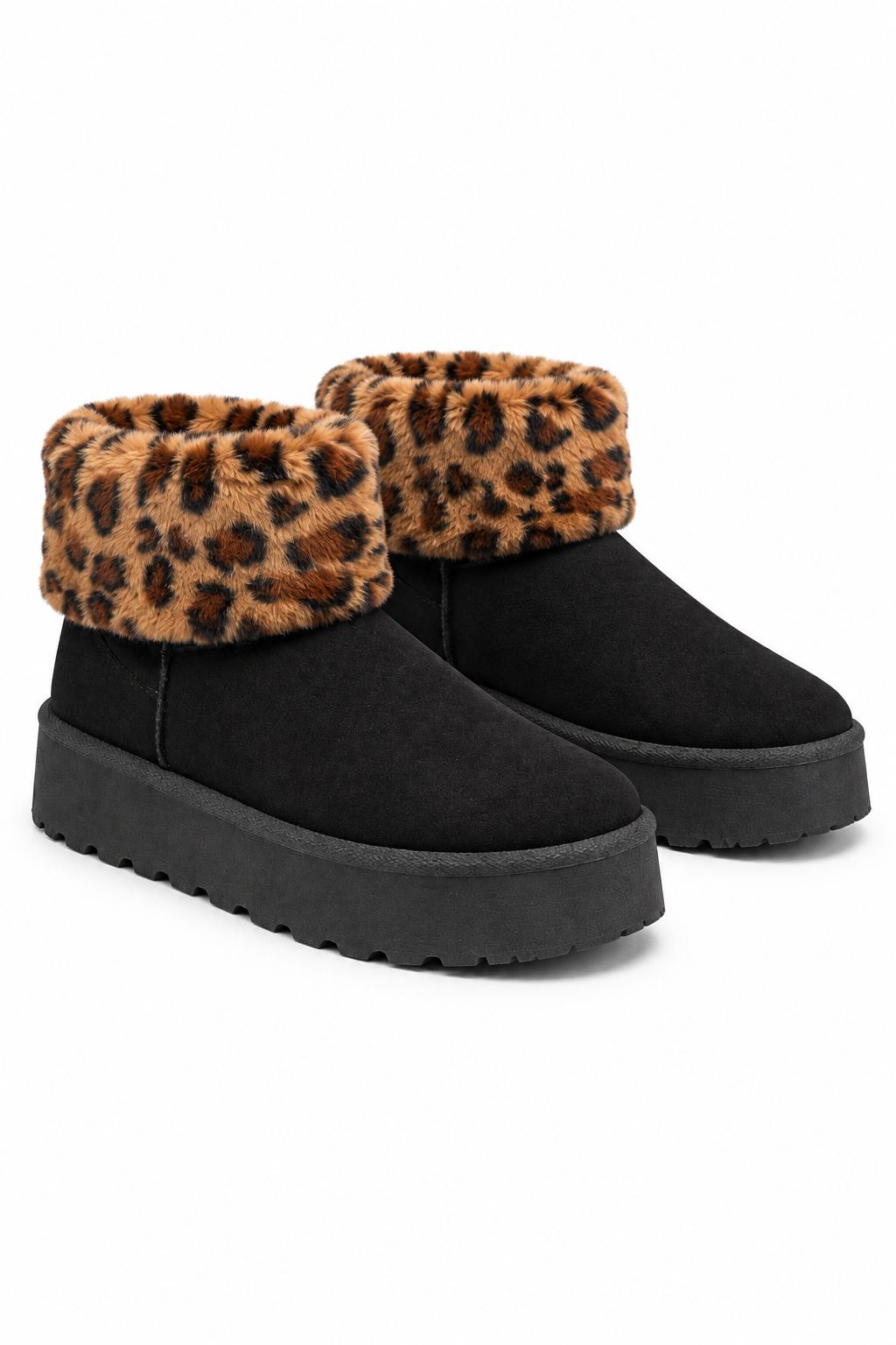 Billie Snugg Faux Fur Cuff Foldover Faux Suede Chunky Ankle Boots Leopard