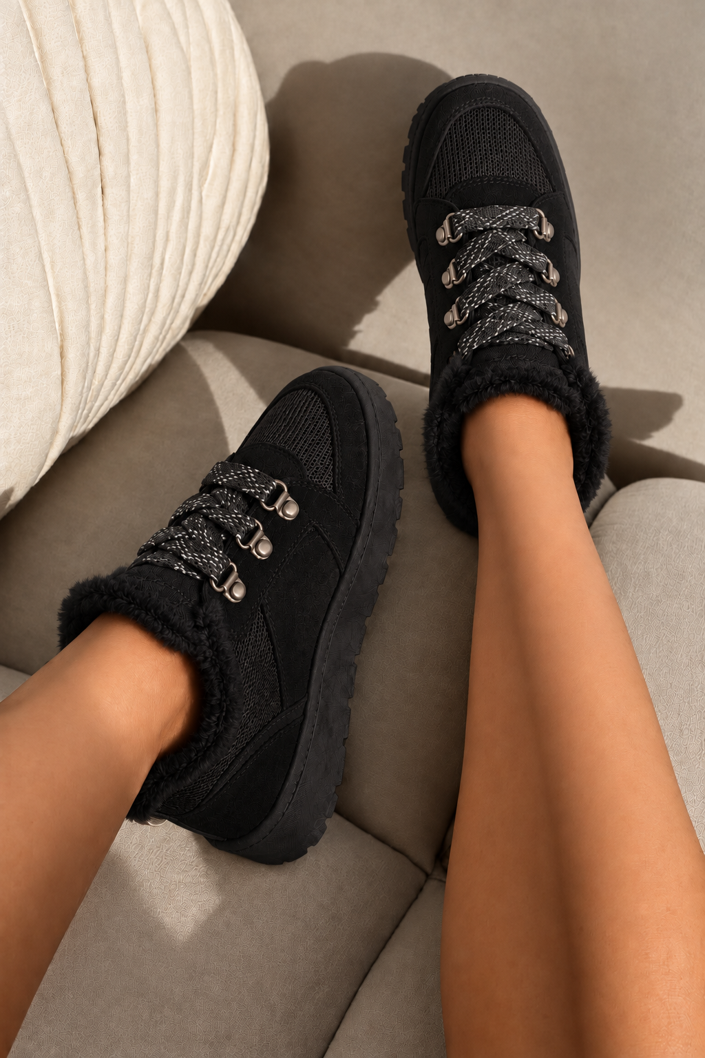 Hudson Comfort Faux Suede Check Lace Faux Fur Lined Trainers Black