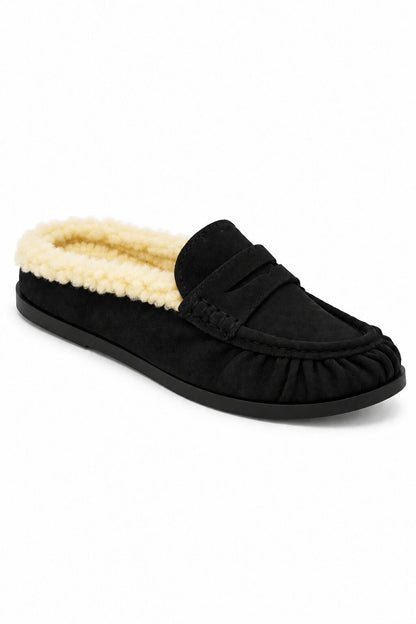 Hazel Faux Suede Moccasin Fleece-Lined Slip On Loafer Flats Black